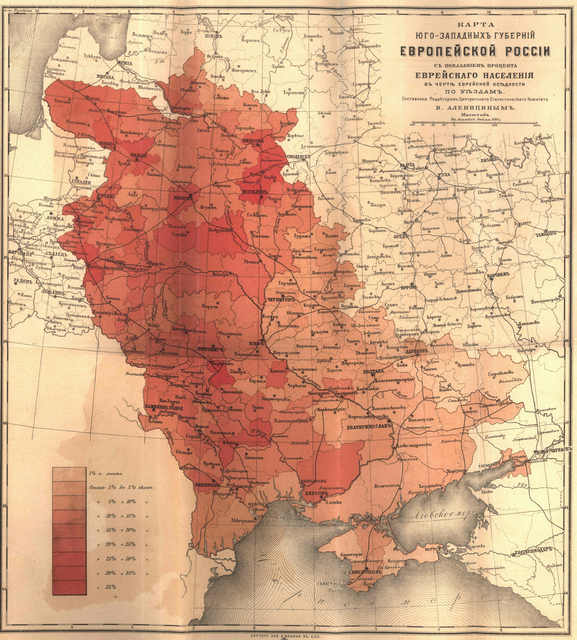 Mapa jihozápadních provinciích evropské části Ruska s označením procent židovské populace kraje, 1884